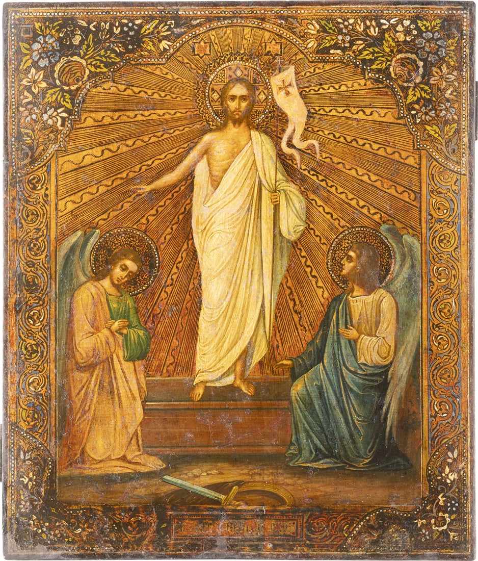 A LARGE ICON SHOWING THE RESURRECTION OF CHRIST: A LARGE ICON SHOWING THE RESURRECTION OF CHRIST Russian, circa 1900 Tempera on wood panel. Against a gold background, the patterns of spandrels and borders emulating contemporary metal oklads. Gilding