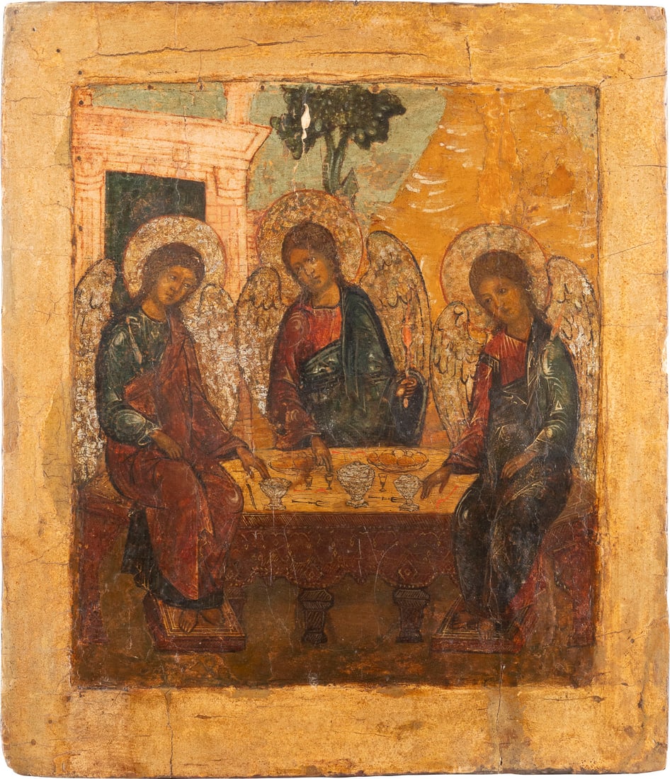 A LARGE ICON SHOWING THE OLD TESTAMENT TRINITY: A LARGE ICON SHOWING THE OLD TESTAMENT TRINITY Russian, 17th century Tempera on wood panel with kovcheg. The haloes and wings made of silver, covered by a golden lacquer. Restorations. 48 x 41.7 cm.GR