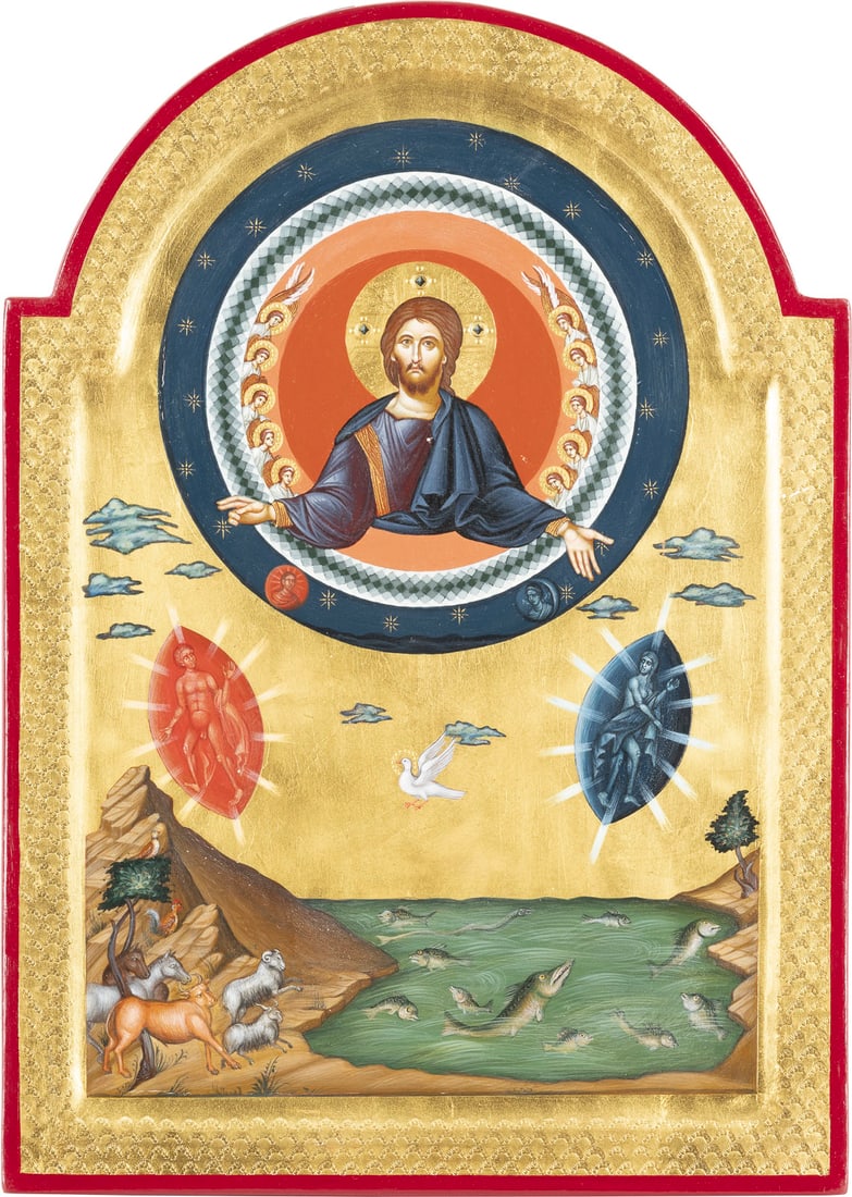 A FINE ICON SHOWING THE CREATION: A FINE ICON SHOWING THE CREATION Recent Tempera on wood panel with kovcheg. Finely executed in bright colours on a gold ground. On the reverse signed 'Makarius T.(auc)'. 32.2 x 22.8 cm.FEINE IKONE MIT