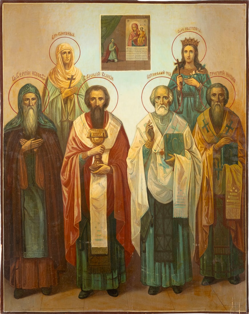 A VERY LARGE ICON SHOWING THE MOTHER OF GOD 'OF UNEXPECTED JOY' AND SIX SELECTED SAINTS: A VERY LARGE ICON SHOWING THE MOTHER OF GOD 'OF UNEXPECTED JOY' AND SIX SELECTED SAINTS Russian, 2nd half 19th century Oil on wood panel. 69 x 55.5 cm.GROSSFORMATIGE IKONE MIT DER GOTTESMUTTER 'UNERWA