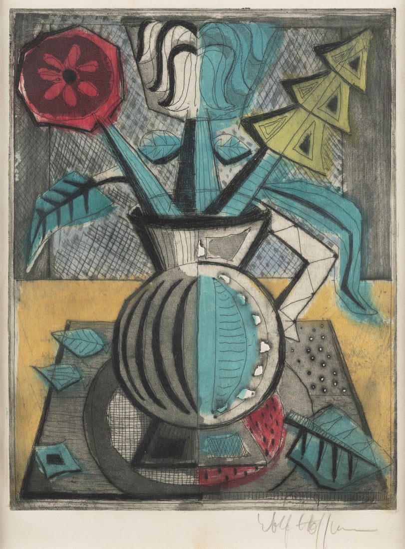 WOLFGANG 'WOLF' HOFFMANN: WOLFGANG 'WOLF' HOFFMANN 1898 Wernigerode - 1979 Berlin STILL-LIFE WITH VASE Color aquatint etching on paper. Visual size 33.5 x 25 cm, print size 29.5 x 23 cm (f. 54.5 x 44.5 cm). Signed with pencil