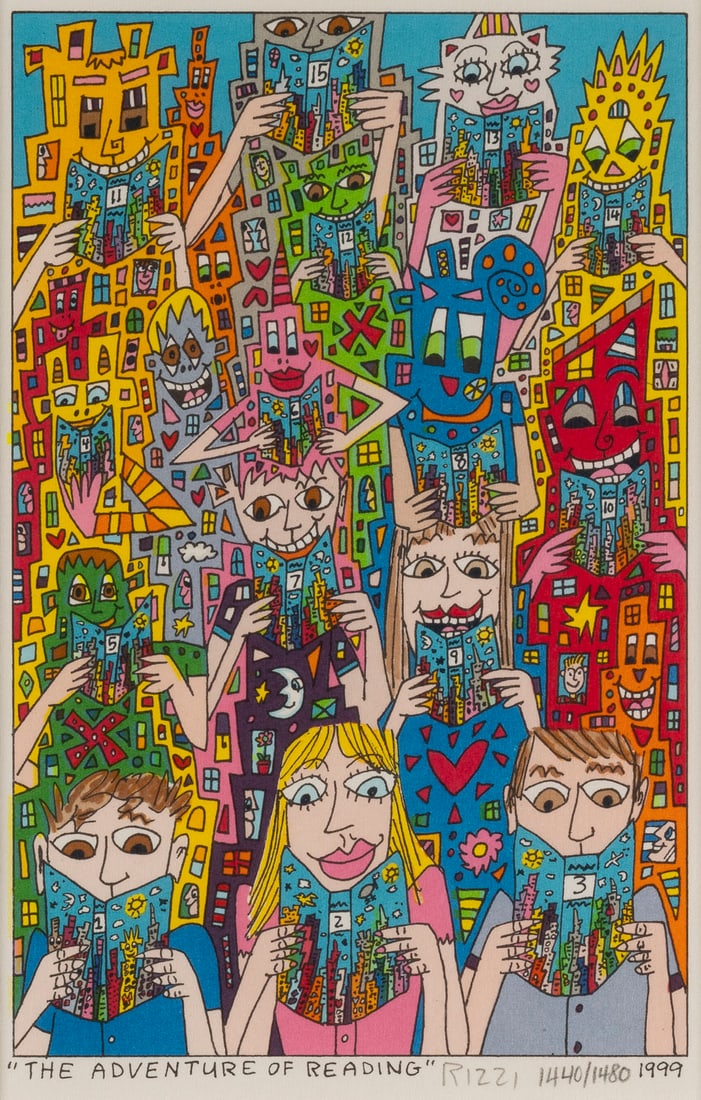 JAMES RIZZI: JAMES RIZZI 1950 New York - 2011 ibid 'THE ADVENTURE OF READING' (1999) Colour lithograph on cardboard. Print size 19 x 12 cm, visible size 20 x 13 cm (f. 37,5 x 28,5 x 2 cm). Signed by hand and numbe