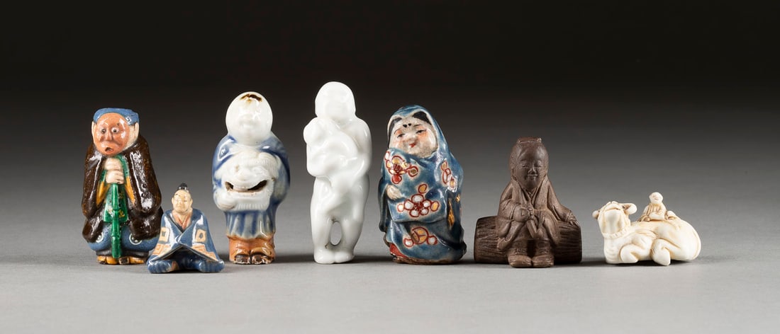 SEVEN CERAMIC 'FIGURAL' NETSUKE: SEVEN CERAMIC 'FIGURAL' NETSUKE Japan, 19th century and later Ceramic. H. 2.3-6.1 cm. With traces of use, partially damaged. Provenance: From an old private collection in North Rhine-Westphalia. SIEBE