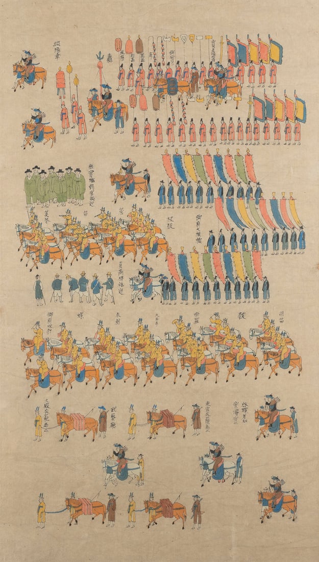 AN ILLUSTRATION OF THE N ROYAL GUARD OF HONOR: AN ILLUSTRATION OF THE KOREAN ROYAL GUARD OF HONOR Korea, probably 19th century Ink and color on paper, framed and under glass. 66.5x38 cm (92.5x50.2 cm with frame). With traces of age, partially dama