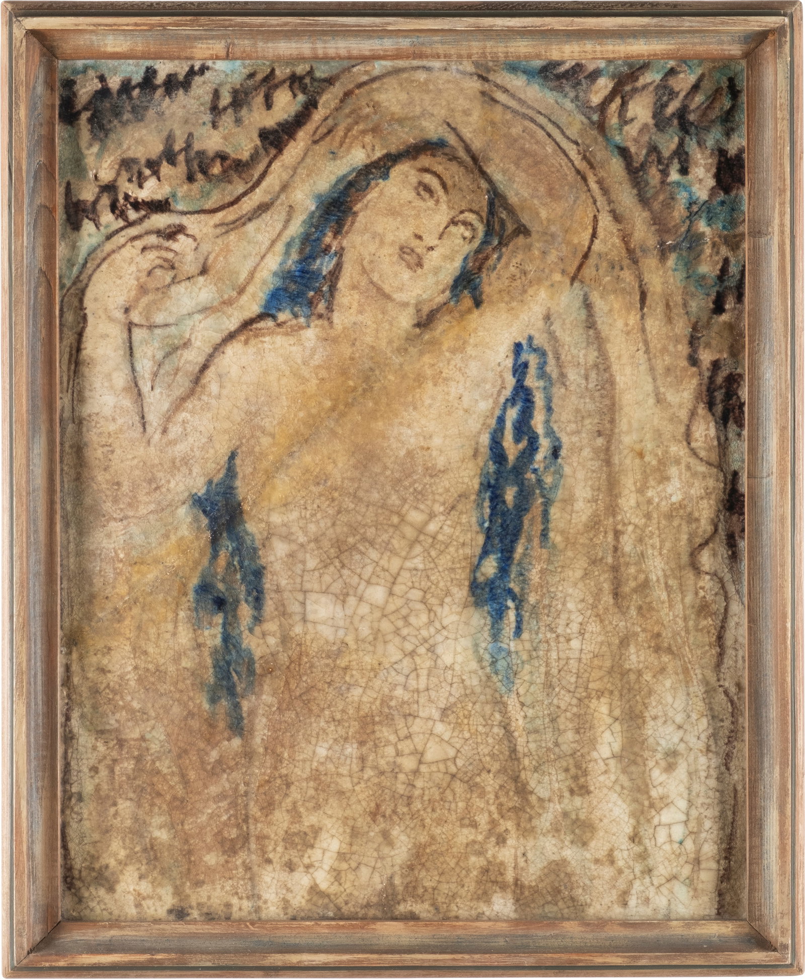 MAX LAEUGER GROSSE PLATTE MIT FRAUENAKT: MAX LAEUGER 1864 Lörrach - 1952 ebd. GROSSE PLATTE MIT FRAUENAKT Deutsch, 1931 Keramik, rötlicher Scherben, bunt glasiert, Holzrahmen. 45,5x55,5 cm (mit Rahmen). Verso datiert '1931' (eingeritzt) un