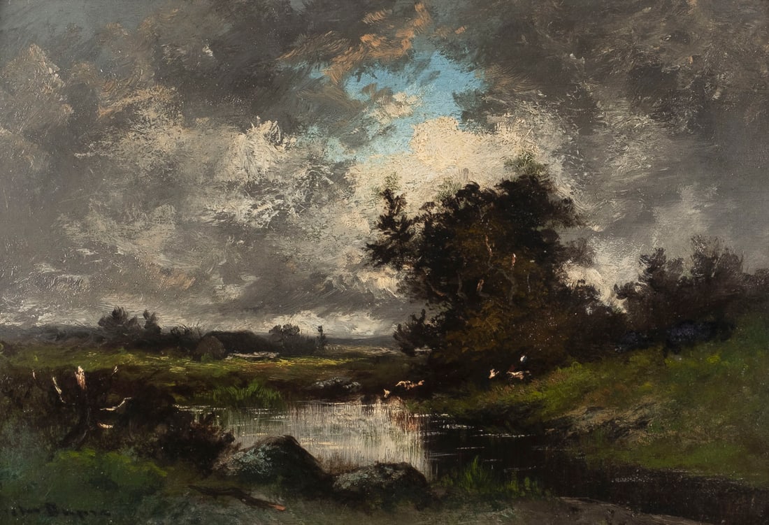 JULES DUPRE: JULES DUPRE 1811 Nantes - 1889 L'Isle-Adam STORMY LANDSCAPE Oil on wood. 31 x 46 cm (F. 43 x 59 cm). Signed 'Jules Dupre' lower left. Frame.JULES DUPRE 1811 Nantes - 1889 L'Isle-Adam STÜRMISCHE LANDS