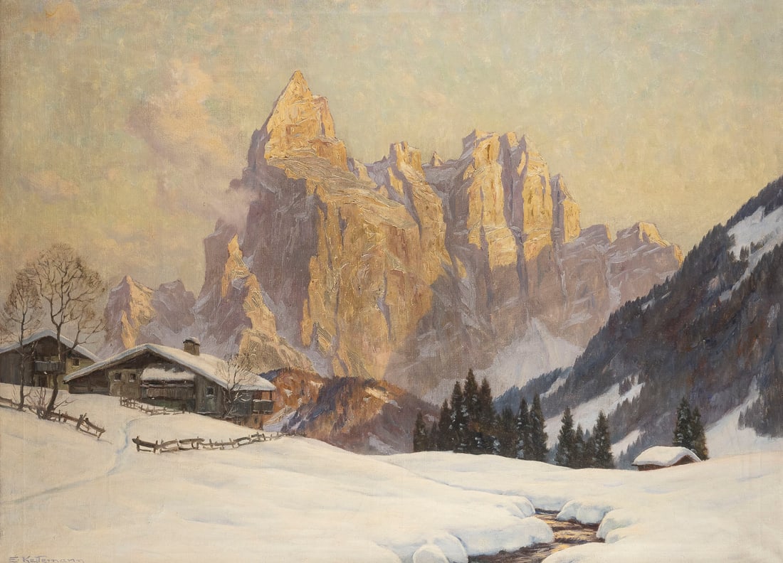 ERWIN KETTEMANN: ERWIN KETTEMANN Munich 1897 - 1971 BIG MOUNTAIN LANDSCAPE 'WINTER EVENING ON THE SCHLERN, DOLOMITES' Oil on canvas. 90 x 120 (F. 112 x 142 cm). Signed lower left. Verso: titled on the stretcher. Frame