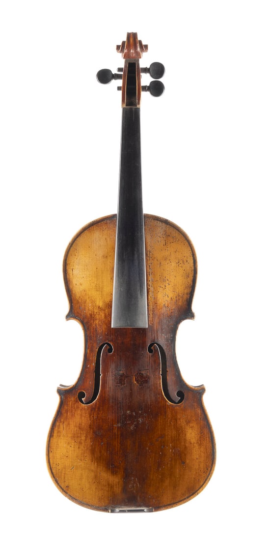 KONVOLUT VON VIER VIOLINEN Deutsch, 19./20. Jh.: COLLECTION OF FOUR VIOLINS German, 19th/20th century. Two-piece spruce top and maple back, dark brown varnish. 4/4 violin l. 59.5/60 cm, body l. 35.5/36 cm. Partly unmarked, with branded stamp on the