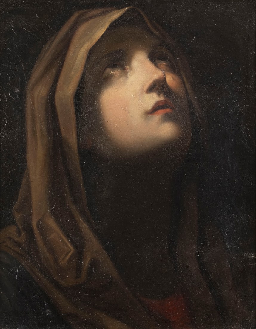 GUIDO RENI (NACHFOLGER DES WOHL 19. JH.): FOLLOWER OF GUIDO RENI OF THE PROBABLY 19TH CENTURY 1575 Calvenzano - 1642 Bologna MATER DOLOROSA Oil on canvas. 50 x 40 cm (F: 58 x 48 cm). Verso: Old provenance inscription on stretcher: 'Georg Maas