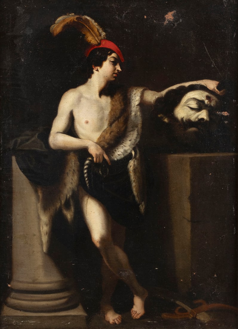 GUIDO RENI (UMKREIS ODER SCHULE): CIRCLE OR SCHOOL OF GUIDO RENI ('Called: Il Guido or Il divino Guido') 4 November 1575 Bologna - 18 August 1642 Ibid DAVID WITH THE HEAD OF GOLIATH Oil on canvas. 55.5 x 40.5 cm (F. 59.5 x 45 cm). Ver
