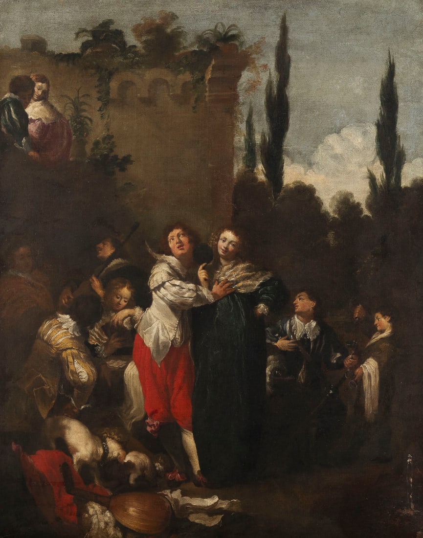 JOHANN LISS (NACHFOLGER): FOLLOWER OF JOHANN LISS 1597 Oldenburg - 1631 Verona THE PRODIGAL SON Oil on canvas. 91 x 72 cm (F. 110 x 90,5 cm). Verso: Stamp of the art trade J.P. Schneider Jr. in Frankfurt am Main, on papaer lab