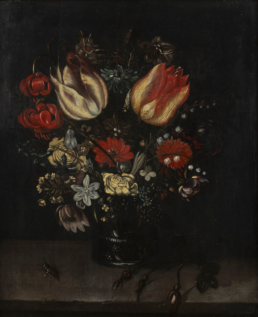 BALTHASAR VAN DER AST (WERKSTATT/SCHULE): WORKSHOP OR SCHOOL OF BALTHASAR VAN DER AST 1593/1594 Middelburg (Netherlands) - 7 March 1657 Delft STILL LIFE OF FLOWERS IN A GLASS VASE WITH A BEETLE Oil on wood panel. 38 x 32 cm (F. 54 x 47.5 cm).