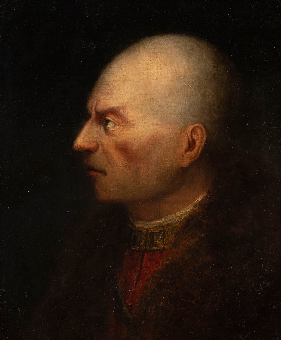 REMBRANDT HARMENSZ. VAN RIJN (SCHULE/NACHFOLGE): REMBRANDT HARMENSZ. VAN RIJN (SCHOOL/FOLLWER) 1606 Leiden - 1669 Amsterdam PORTRAIT OF A MAN IN SIDE PROFILE Oil on oak panel. 36 x 30 cm (F. 52 x 47 cm). Verso: Old paper label with imprint: 'JAMES B