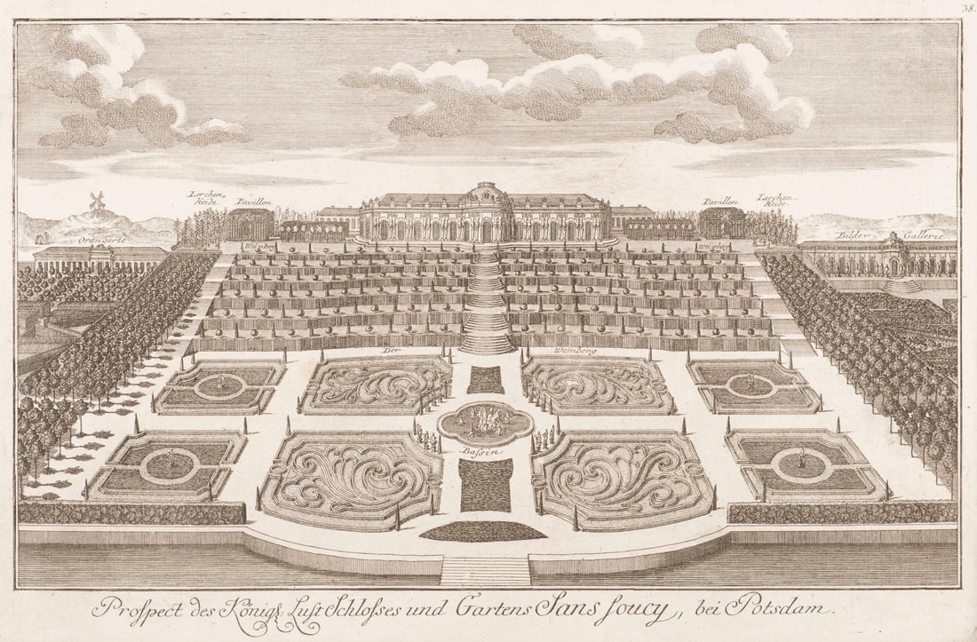 JOHANN DAVID SCHLEUEN D.J.: JOHANN DAVID SCHLEUEN THE YOUNGER 1739 Berlin - 1784 ibid. FOUR VIEWS OF SANS-SOUCI IN POTSDAM 4 engravings on paper. Sheet size max. 26.5 x 38.5 cm, print size approx. 21 x 32 cm. Each titled in the