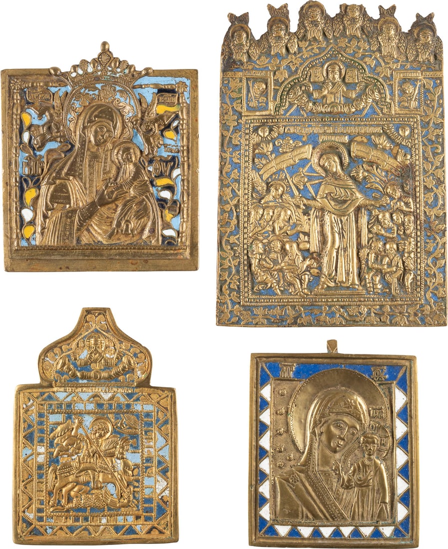 VIER BRONZE-IKONEN: GNADENBILDER DER GOTTESMUTTER UND HEILIGER GEORG DER DRACHENTÖTER: FOUR BRASS ICONS SHOWING IMAGES OF THE MOTHER OF GOD AND ST. GEORGE KILLING THE DRAGON Russian, 18th century Cast in relief, part. (multi-coloured) enamelled. Enamel minimally chipped, one icon damage