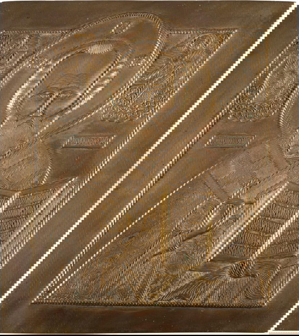 GROSSE BRONZE-IKONE MIT DEM HEILIGEN NIKOLAUS VON MYRA: A LARGE BRASS AND ENAMEL ICON SHOWING ST. NICHOLAS OF MYRA Russian, c. 1800 Cast in relief, 25 cm high._x0013_GROSSE BRONZE-IKONE MIT DEM HEILIGEN NIKOLAUS VON MYRA Russland, um 1800 Bronze, reliefier