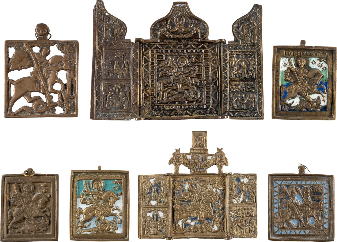 SIEBEN BRONZE-IKONEN MIT REITER-HEILIGEN: HEILIGER GEORG DER DRACHENTÖTER UND DIE HEILIGEN BORIS: SEVEN BRASS ICONS DEPICTING WARRIOR SAINTS: ST. GEORGE KILLING THE DRAGON AND STS. BORIS AND GLEB Russian, 17th-19th century Cast in relief, partially (multi-coloured) enamelled. Enamel chipped. 6.4-1
