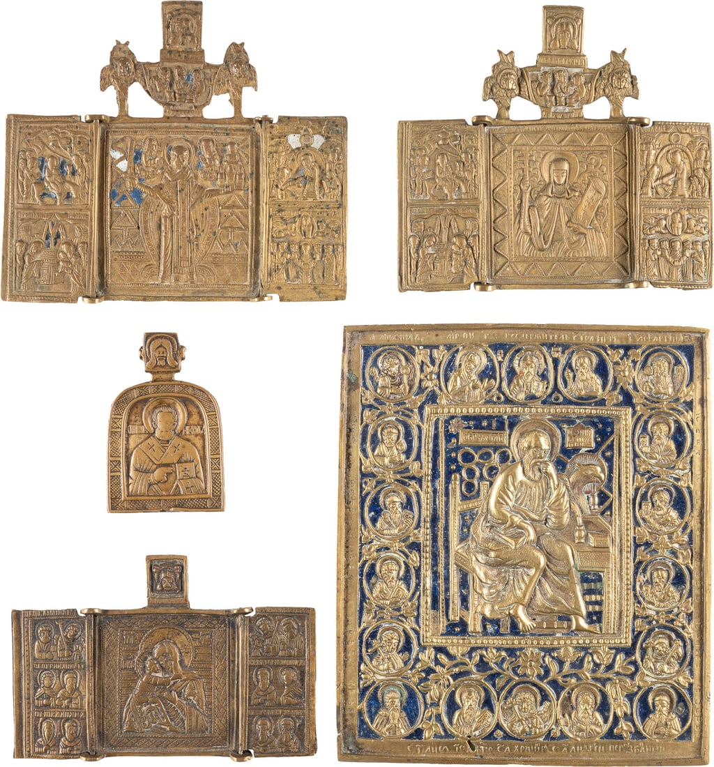 FÜNF BRONZE-IKONEN: EVANGELIST JOHANNES, HEILIGER NIKOLAUS SOWIE DREI TRIPTYCHA: FIVE BRASS-ICONS SHOWING ST. JOHN THE EVANGELIST, ST. NICHOLAS AND THREE TRIPTYCHS Russian, 17th-19th century Cast in relief, partially enamelled. The icon depicting the Evangelist with small missing 