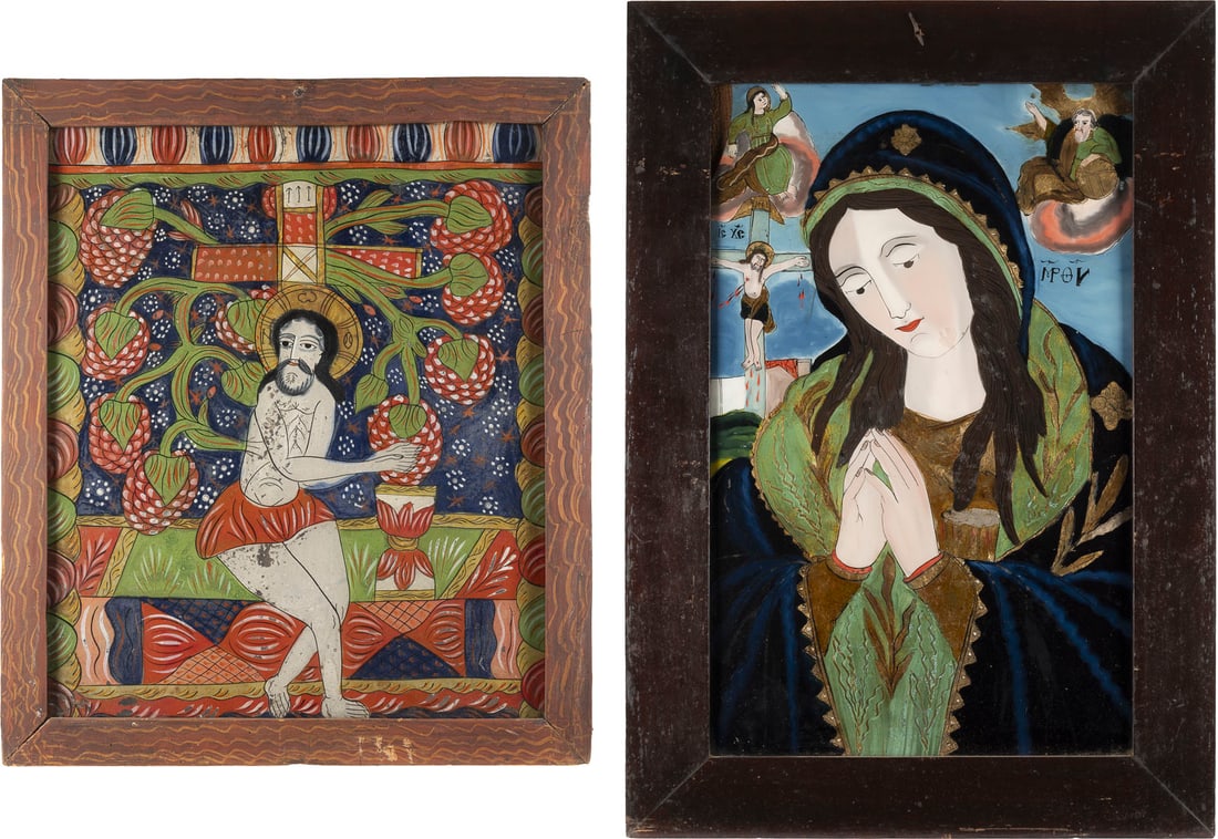 ZWEI HINTERGLAS-IKONEN: FEINE IKONE MIT DER TRAUERNDEN GOTTESMUTTER UND IKONE MIT CHRISTUS DEM: TWO REVERSE PAINTINGS ON GLASS: A FINE ICON SHOWING THE MOURNING MOTHER OF GOD AND ONE ICON DEPICTING CHRIST THE TRUE VINE Romanian, e.g. Nicula, Petru Prodan (1824-1886?) attr., 19th century Polychro