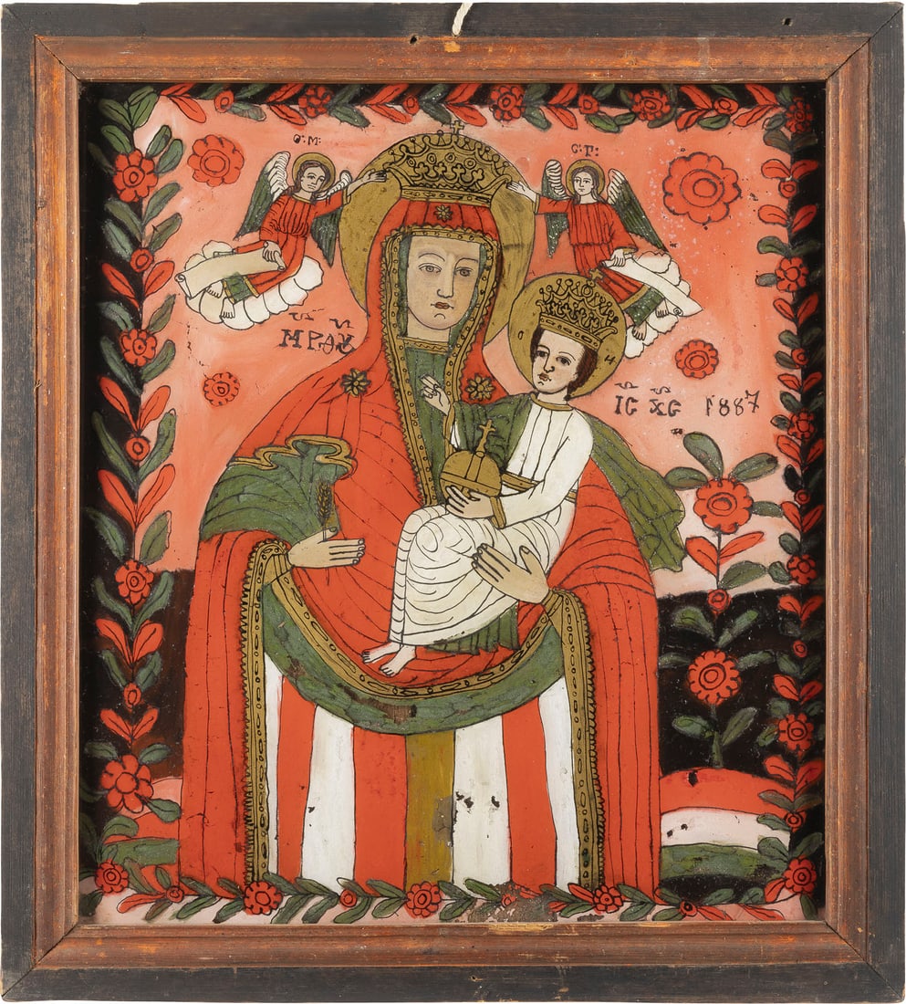 FEINE DATIERTE HINTERGLAS-IKONE MIT DER GOTTESMUTTER HODEGETRIA: A REVERSE PAINTING ON GLASS SHOWING THE HODIGITRIA MOTHER OF GOD Romanian, Cartisoara, Matei Tomforea (1836-1906) attri., dated. 1887 Polychrome painted on glass. Partial detached patches and loss of 