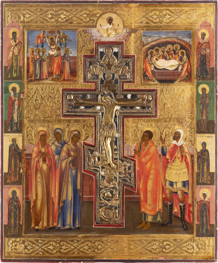 GROSSFORMATIGE STAUROTHEK MIT DER KREUZIGUNG CHRISTI: A LARGE STAUROTHEK ICON SHOWING THE CRUCIFIXION OF CHRIST Russian, circa 1860 Tempera on wood panel with kovcheg. The gilt background and border with etched tracery design. A brass and enamel Crucifix