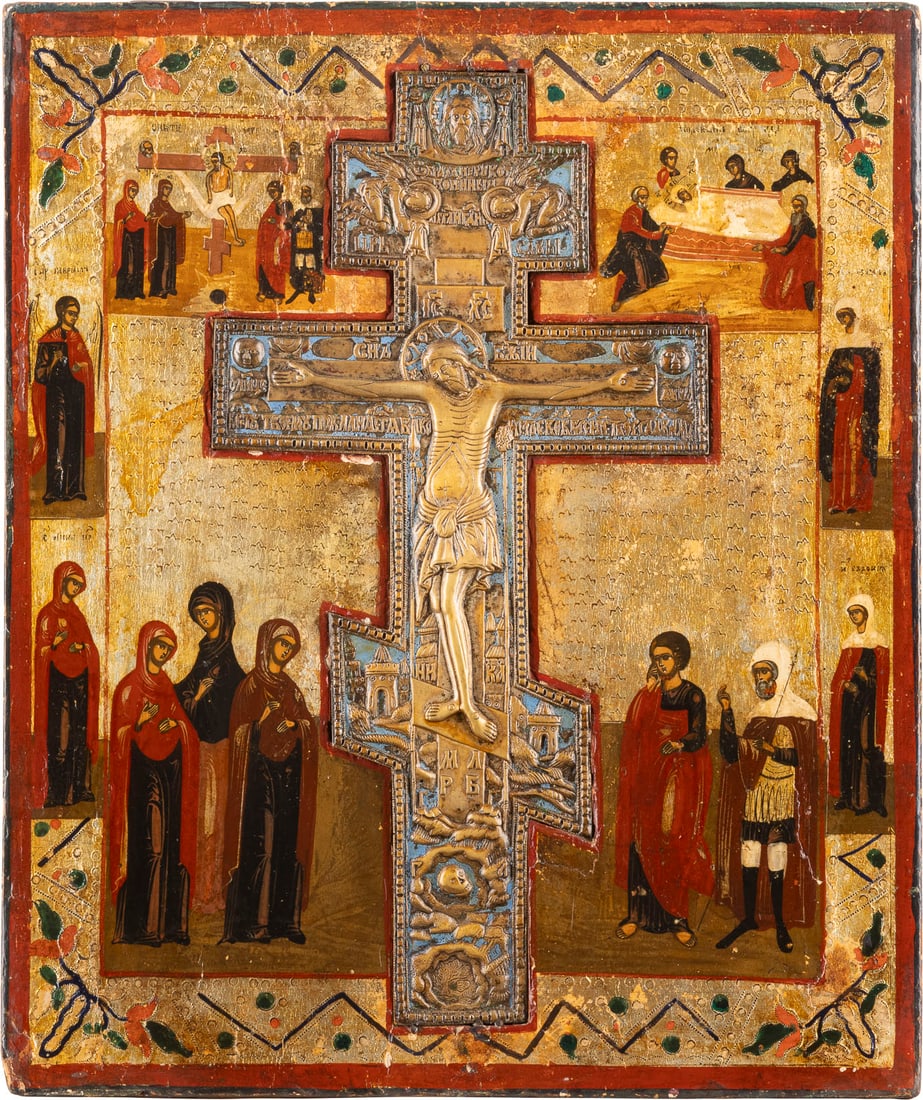 GROSSE STAUROTHEK MIT DER KREUZIGUNG CHRISTI, DER KREUZABNAHME UND GRABLEGUNG: A LARGE STAUROTHEK ICON SHOWING THE CRUCIFIXION OF CHRIST, THE DEPOSITION AND THE ENTOMBMENT Russian, circa 1880 Tempera on wood panel. The background made of silver, covered by a golden lacquer. A br