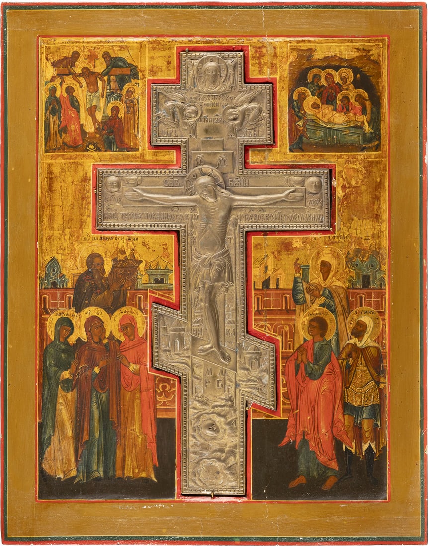 GROSSFORMATIGE STAUROTHEK MIT DER KREUZIGUNG CHRISTI, DER KREUZABNAHME UND DER GRABLEGUNG: A LARGE ICON SHOWING THE CRUCIFIXION, THE DEPOSITION AND THE ENTOMBMENT OF CHRIST Russian, 19th century Tempera on wood panel with kovcheg. Executed on a gold ground. A brass Crucifix inserted in the