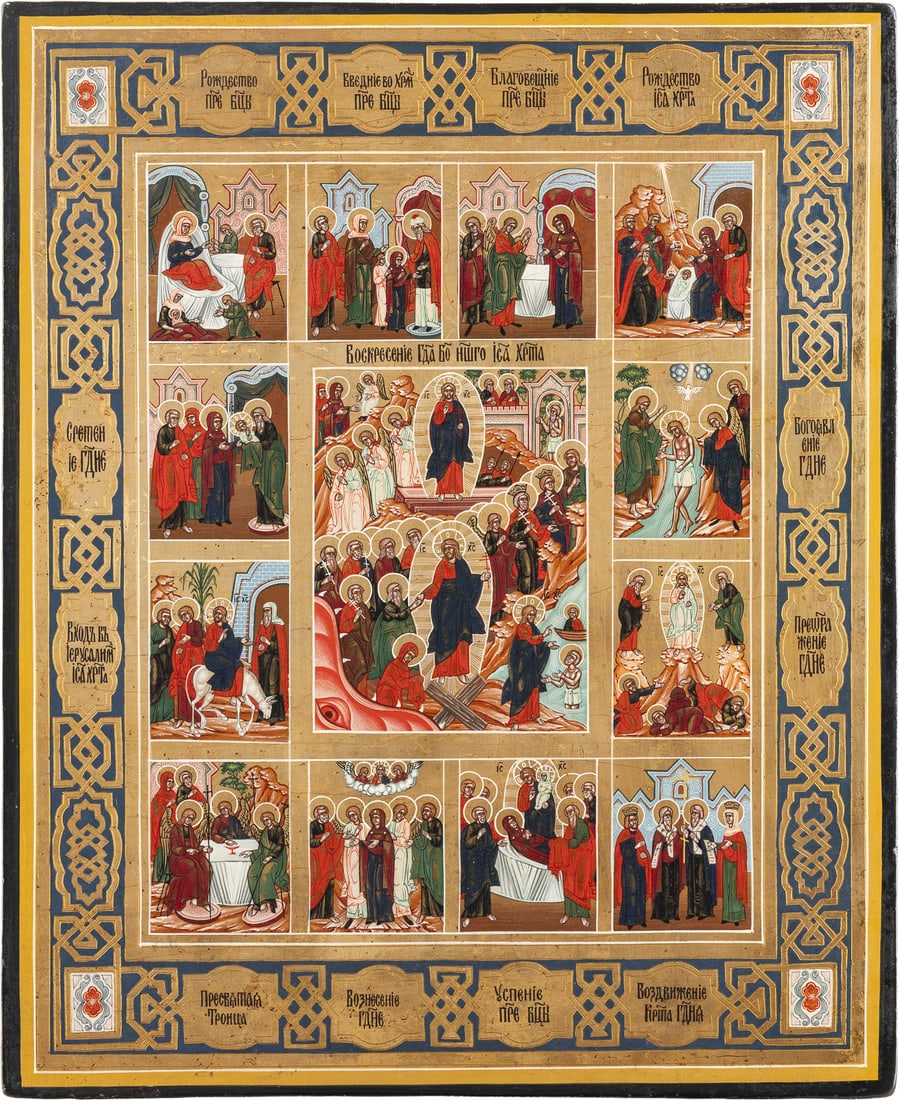 GROSSE FESTTAGSIKONE: A LARGE FEAST DAY ICON 2nd half 20th century Tempera on wood panel. Executed on a gold ground. 41.5 x 34 cm._x0013_GROSSE FESTTAGSIKONE 2. Hälfte 20. Jh. Holztafel mit zwei Rückseiten-Sponki. Eitemp