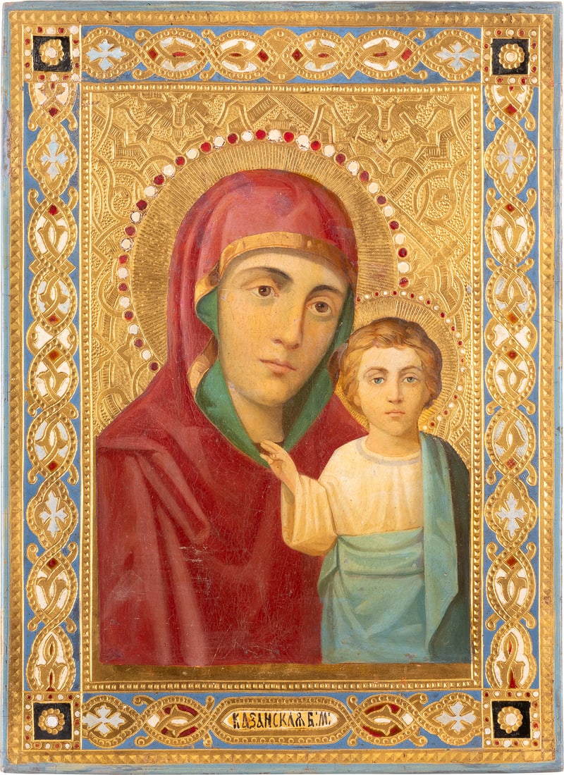 GROSSE IKONE MIT DER GOTTESMUTTER VON KASAN (KASANKSKAJA): A LARGE ICON SHOWING THE KAZANSKAYA MOTHER OF GOD Russian, late 19th century Oil on wood panel. Against a gold tooled background, the patterns of spandrels and borders emulating contemporary metal okl