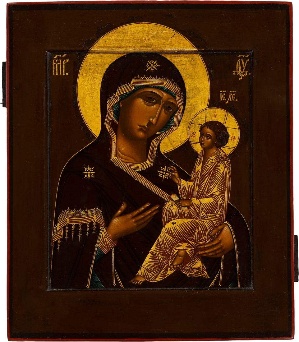 SIGNIERTE IKONE MIT DER GOTTESMUTTER VON TICHWIN (TICHWINSKAJA): A SIGNED ICON SHOWING THE TIKHVINSKAYA MOTHER OF GOD Russian, Moscow, Mikhail Ivanovitch and Mikhail Mikhailovitch Dikarev, early 20th century Tempera on wood panel with kovcheg. The haloes and the fo