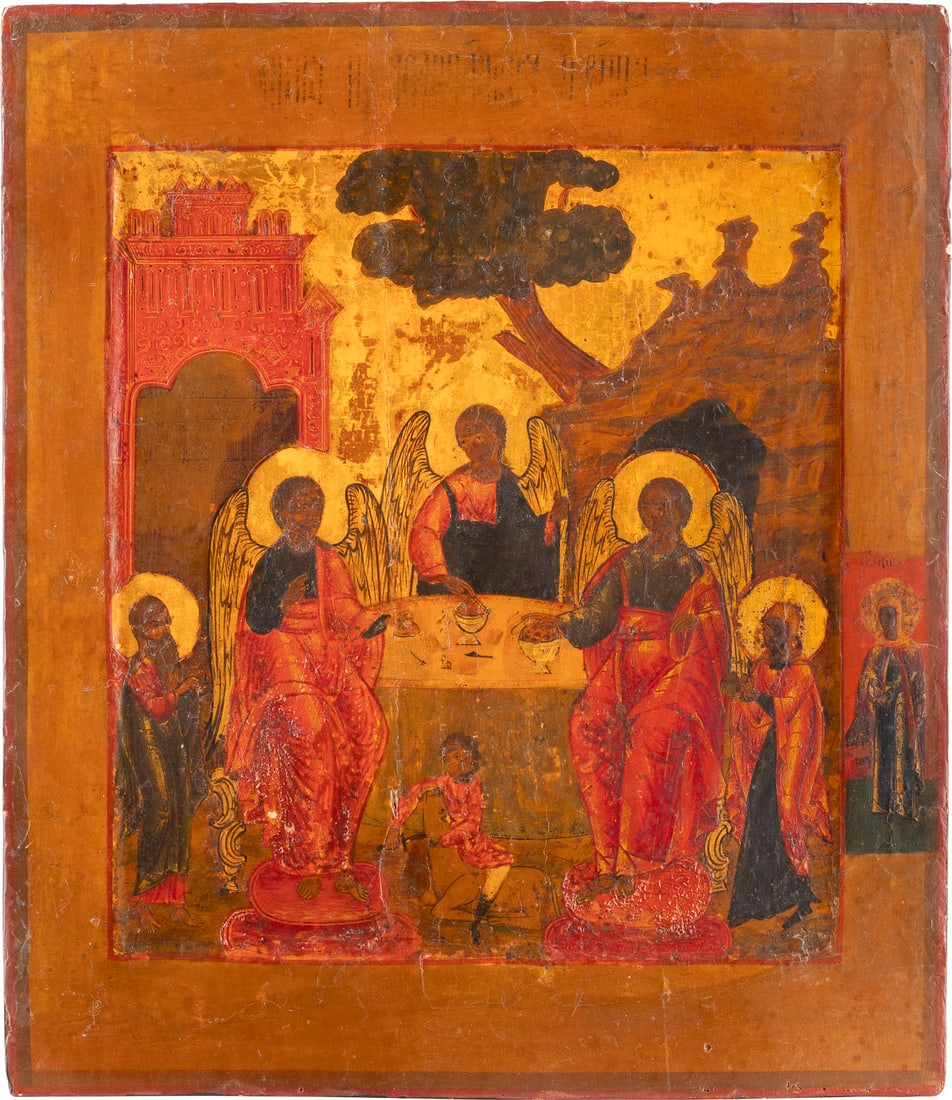 IKONE MIT DER HEILIGEN DREIFALTIGKEIT (ALTTESTAMENTLICHER TYPUS): AN ICON SHOWING THE OLD TESTAMENT TRINITY Russian, circa 1800 Tempera on wood panel with kovcheg. Executed on a gold ground. A female saint on the right border. Restorations. 35.4 x 31 cm._x0013_IKONE