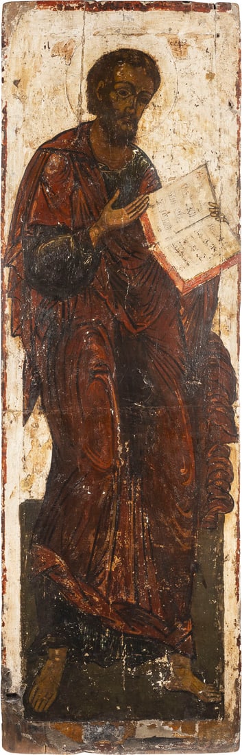 MONUMENTALE IKONE MIT DEM APOSTEL PETRUS AUS EINER KIRCHEN-IKONOSTASE: A MONUMENTAL ICON SHOWING ST. PETER THE APOSTLE FROM A CHURCH ICONOSTASIS Russian, 17th century Tempera on wood panel. Horizontal cut restored, the background stripped to gesso, losses. 143.2 x 45.7 c