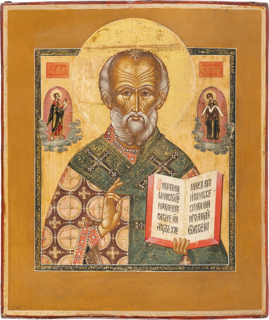 IKONE MIT DEM HEILIGEN NIKOLAUS VON MYRA: AN ICON SHOWING ST. NICHOLAS OF MYRA Russian, Palekh, circa 1800 Tempera on wood panel with kovcheg. The haloes made of gold. Finely executed in great detail. 36.5 x 31.2 cm._x0013_IKONE MIT DEM HEILI