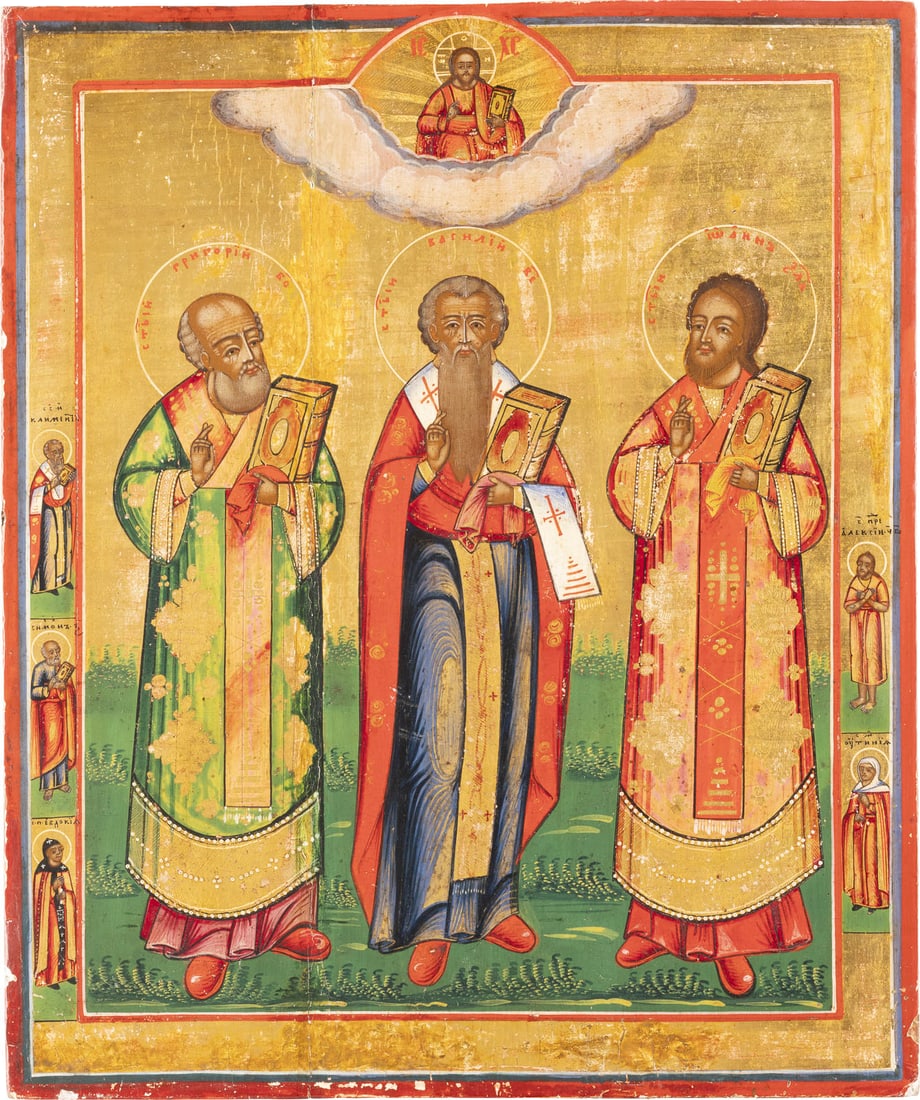GROSSE IKONE MIT DEN DREI KIRCHENVÄTERN: A LARGE ICON SHOWING THE THREE GREAT HIERARCHS STS. BASIL THE GREAT, GREGORY THE THEOLOGIAN AND JOHN CHRYSOSTOM Russian, Vetka, 2nd half 19th century Tempera on wood panel. Exeucted in bright colours