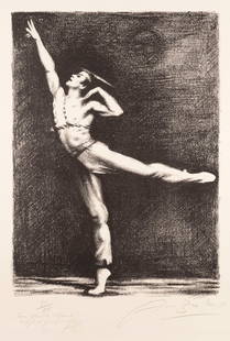 ARNO BREKER 'RUDOLF NUREJEW BEIM TANZ': ARNO BREKER 1900 Elberfeld - 1991 Duesseldorf 'RUDOLF NUREJEW DANCING' Lithograph on wove paper with blindstamp 'Galerie Marco Edition Bonn Paris'. Sheet size 56 x 41 cm, print size 40 x 29 cm.