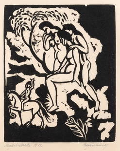 AUGUST MACKE 'BEGRUESSUNG' (1912): AUGUST MACKE 1887 Meschede - 1914 Perthes-les-Hurlus, Champagne Champagne 'SALUTATION' (1912) 'BEGRUESSUNG' (1912) Linocut on Japanese laid paper. Print size 24,2 x 19,7 cm, sheet size 36 x 31,5 cm