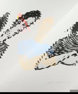 STEPHAN BALKENHOL 'MANN MIT PAPAGEI' (1994): STEPHAN BALKENHOL 1957 Fritzlar 'MAN WITH PARROT' (1994) Colour lithograph on Fabriano. Print size 46 x 32 cm, sheet size 100 x 70 cm (f. 106,5 x 76,5 cm). Handsigned in pencil and dated '1994' lower