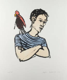 STEPHAN BALKENHOL 'MANN MIT PAPAGEI' (1994): STEPHAN BALKENHOL 1957 Fritzlar 'MAN WITH PARROT' (1994) Colour lithograph on Fabriano. Print size 46 x 32 cm, sheet size 100 x 70 cm (f. 106,5 x 76,5 cm). Handsigned in pencil and dated '1994' lower