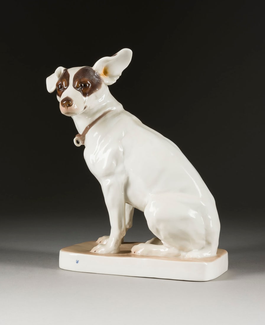WILLY ZUeGEL FOXTERRIER 'NIKI': WILLY ZUeGEL 1876 Muenchen - 1950 Wolkenkopf FOXTERRIER 'NIKI' Deutsch, Nymphenburg, 1976-1997 (Entwurf 1913) Porzellan, polychrom gefasst. H. 32,5 cm. Unterglasurgruener Manufakturstempel, Press- und