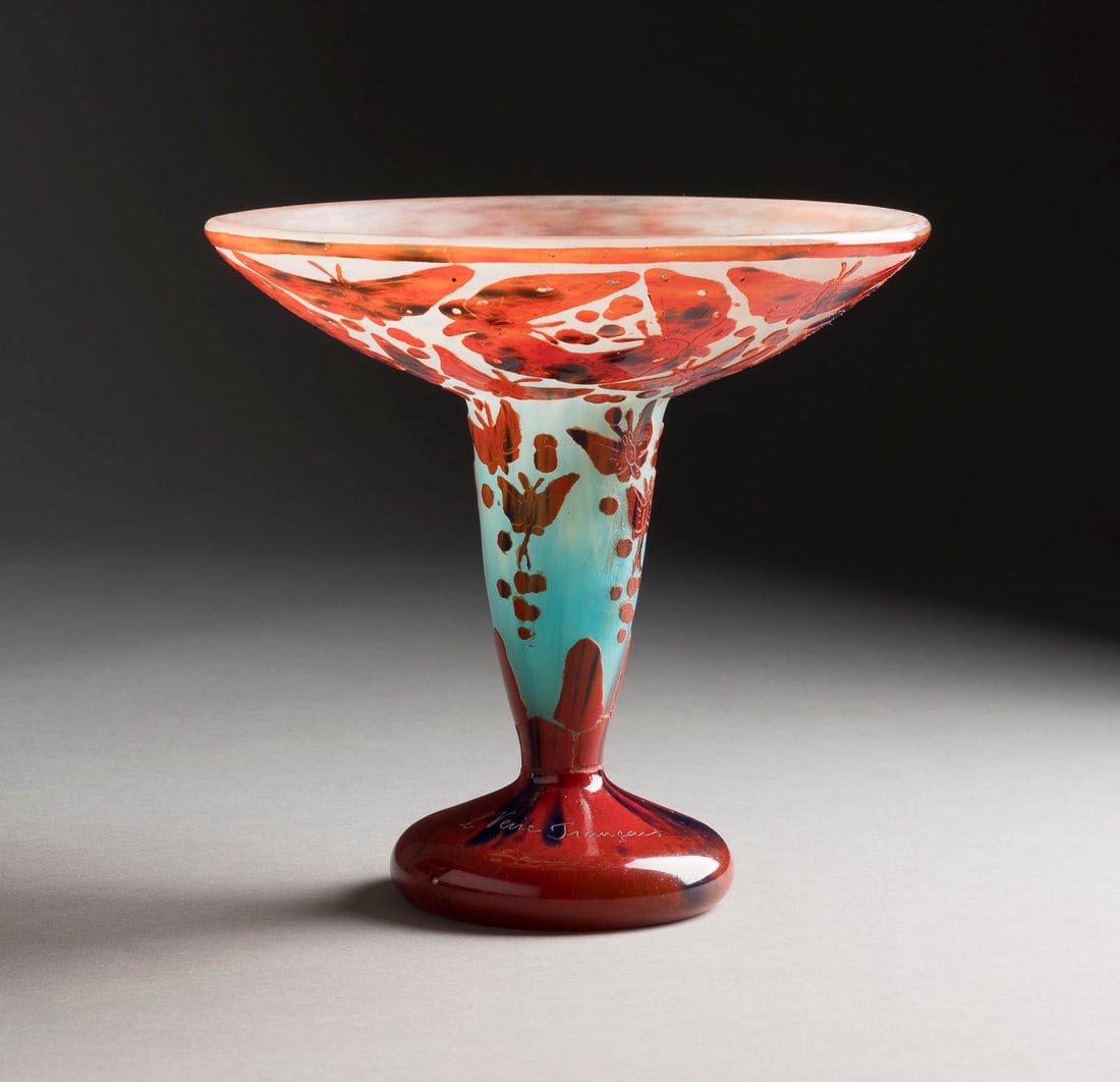 CHARLES SCHNEIDER VASE 'PAPILLON': CHARLES SCHNEIDER 1881 Château-Thierry - 1953 Epinay-sur-Seine VASE 'PAPILLON' Frankreich, Epinay-sur-Seine, Verreries Schneider, um 1925-1928 Farbloses Glas, weisse und tuerkisfarbene Pulvereinschme