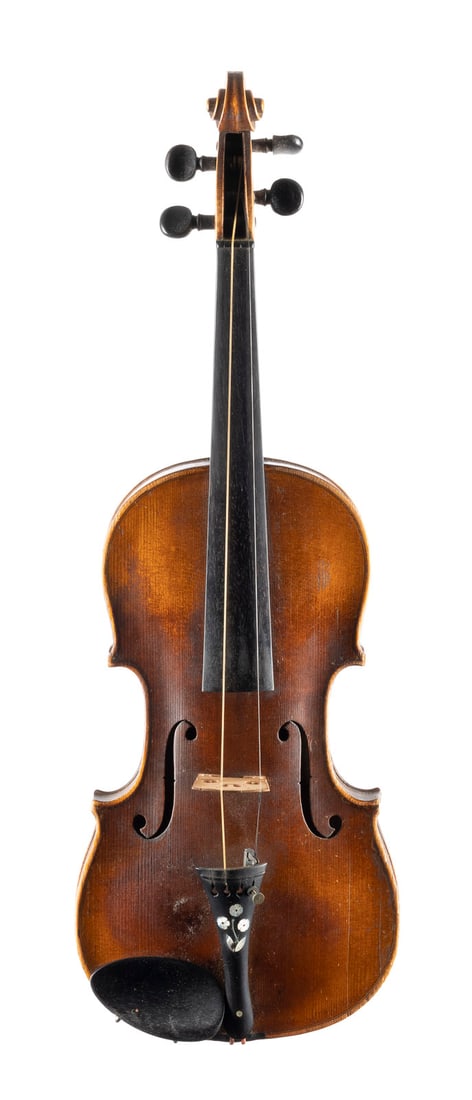 VIOLINE NACH CASPAR HOPF UND VIOLINBOGEN NACH ALBERT LUDWI: VIOLIN AFTER CASPAR HOPF AND VIOLIN BOW AFTER ALBERT LUDWIG HEISCHKEL Probably Saxony, 19th/20th century. Two-piece spruce top and one-piece flamed maple back, brown varnish, tailpiece with floral mot