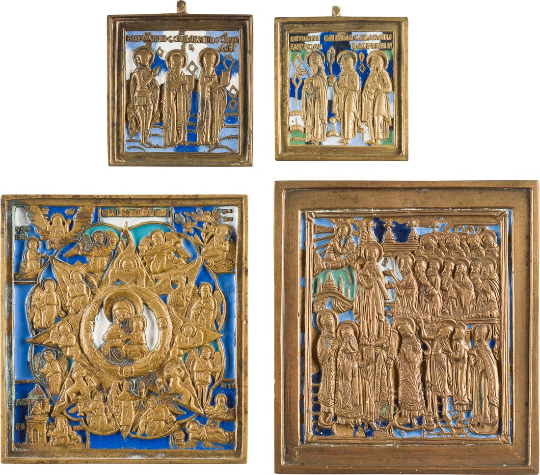 SAMMLUNG VON VIER BRONZE-IKONEN: GOTTESMUTTER 'UNVERBRENNBARER DORNBUSCH', SCHLEIERWUNDER (POKROW): A COLLECTION OF FOUR BRASS ICONS DEPICTING THE MOTHER OF GOD 'OF THE BURNING BUSH', THE PROTECTING VEIL (POKROV) AND SELECTED SAINTS Russian, c.1800/19th century Cast in relief, multi-coloured enamell