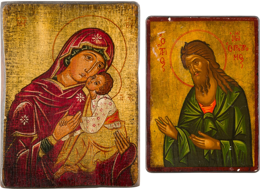 ZWEI IKONEN: GOTTESMUTTER UND JOHANNES DER VORLÄUFER AUS EINER DEESIS: TWO ICONS SHOWING THE MOTHER OF GOD AND ST. JOHN THE FORERUNNER Recent Oil on wood panel. Against a golden background. Minor losses. 26.3 x 20 cm / 22.2 x 16.2 cm.ZWEI IKONEN: GOTTESMUTTER UND JOHANNE
