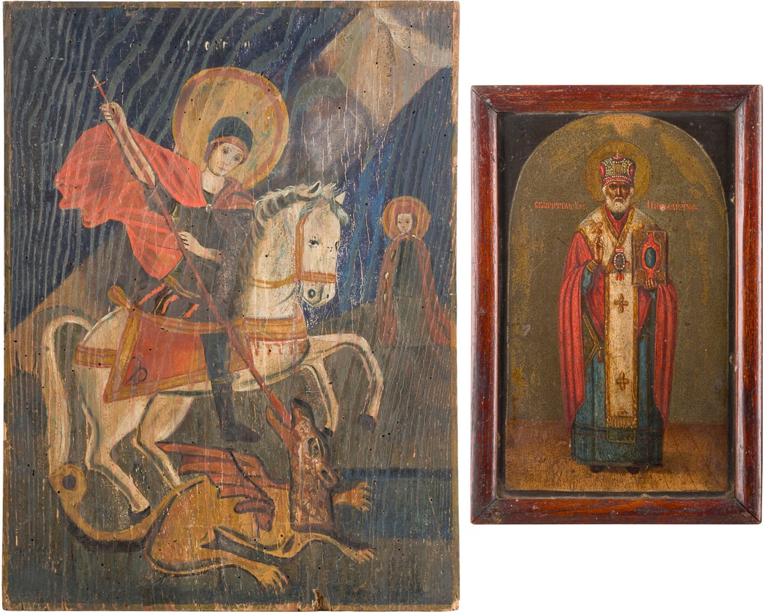 ZWEI IKONEN: HEILIGER NIKOLAUS VON MYRA UND HEILIGER GEORG DER DRACHENTÖTER: TWO ICONS SHOWING ST. NICHOLAS OF MYRA AND ST. GEORGE KILLING THE DRAGON Russian, 19th century Oil on wood panels. Wearings, restorations. 28 x 18.7 cm / 38.8 x 29.5 cm.ZWEI IKONEN: HEILIGER NIKOLAUS