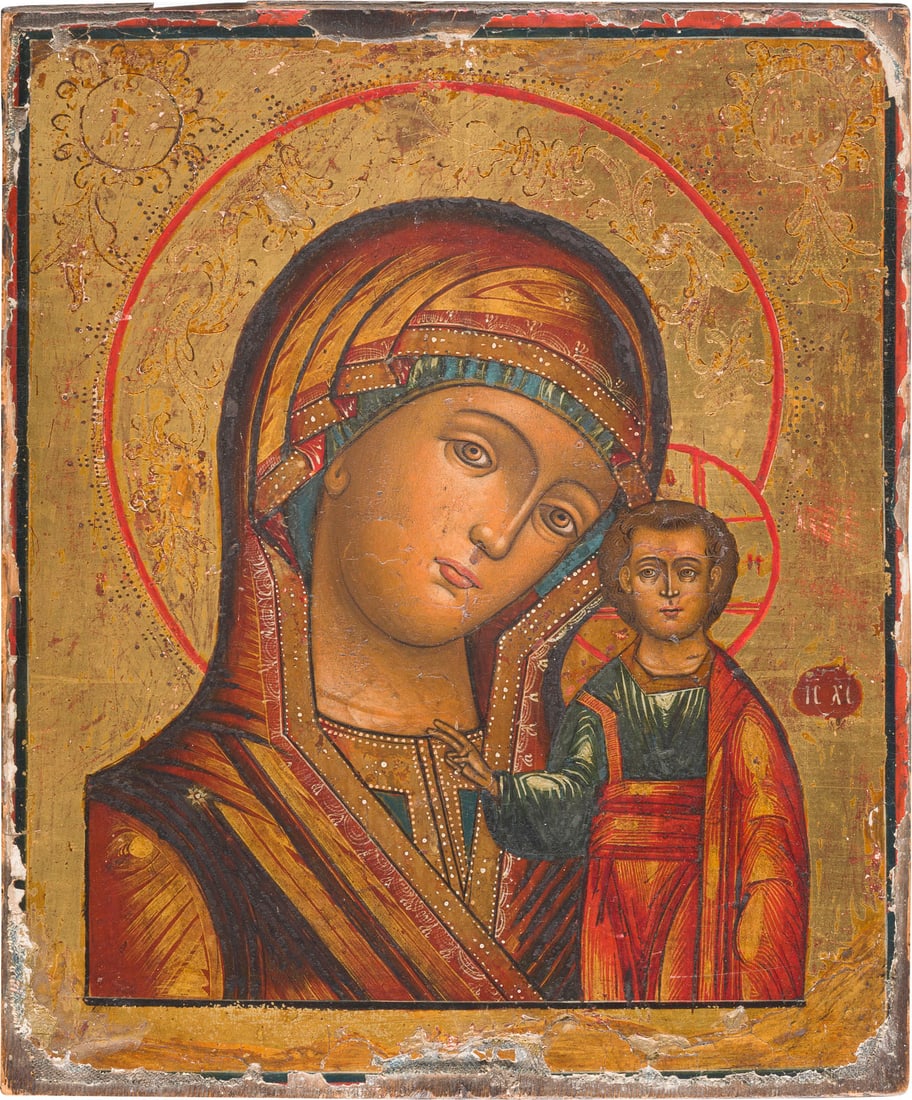 IKONE MIT DER GOTTESMUTTER VON KASAN (KASANSKAJA): AN ICON SHOWING THE KAZANSKAYA MOTHER OF GOD Russian, 1st half 19th century Tempera on wood panel. Against a golden background. The halo incised with scrolling foliage. Losses to the borders, partiall