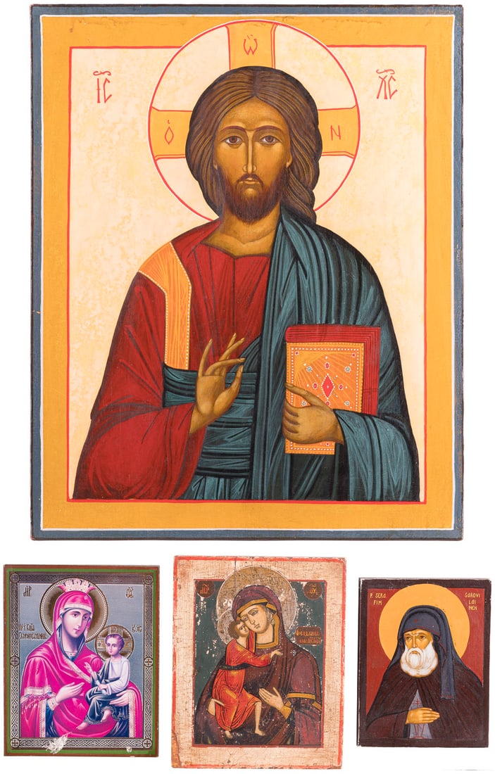 VIER IKONEN: GOTTESMUTTER, CHRISTUS PANTOKRATOR UND HEILIGER SERAFIM VON SAROW: FOUR ICONS SHOWING IMAGES OF THE MOTHER OF GOD, CHRIST PANTOKRATOR AND ST. SERAPHIM OF SAROV Russian, 19th century / 2nd half 20th century Tempera on wood panel / imprint on wood panel. 14-44.8 cm hig
