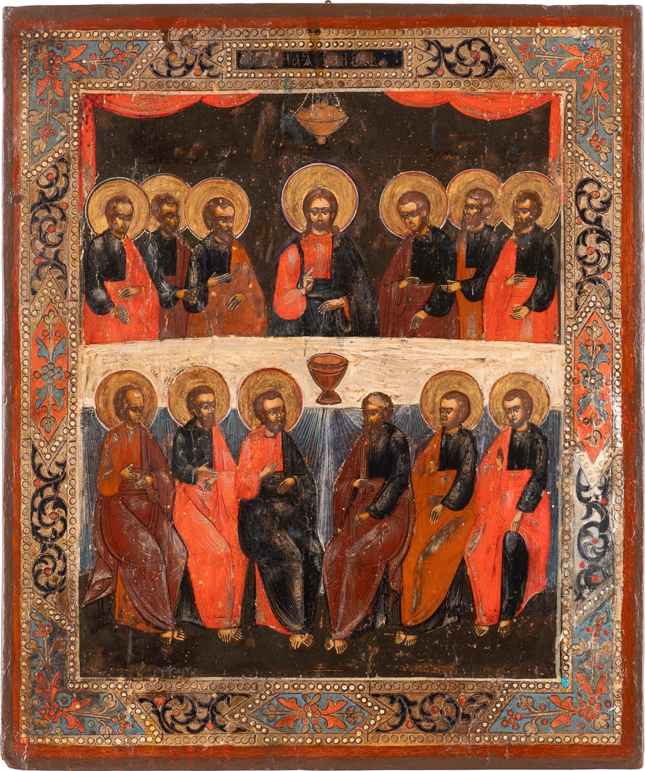 SELTENE IKONE MIT DEM LETZTEN ABENDMAHL: A RARE ICON SHOWING THE LAST SUPPER Russian, circa 1900 Tempera on wood panel. The haloes and border made of silver, covered by a golden lacquer. Restorations. 30.9 x 26 cm.SELTENE IKONE MIT DEM LETZT