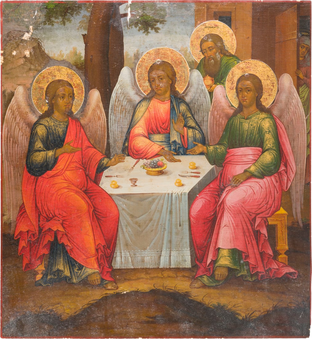 SEHR FEINE UND GROSSFORMATIGE IKONE MIT DER ALTTESTAMENTLICHEN DREIFALTIGKEIT: A VERY LARGE AND FINE ICON SHOWING THE OLD TESTAMENT TRINITY Russian, 1st half 19th century Tempera on wood panel. The haloes made of gold. Finely painted, the faces in soft, earthen tones, the garmen