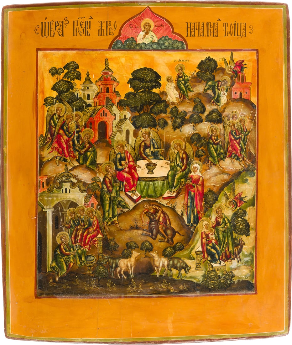 GROSSE IKONE MIT DER ALTTESTAMENTLICHEN DREIFALTIGKEIT UND DEM BESUCH DER ENGEL BEI ABRAHAM UND SAR: A LARGE ICON OF THE OLD TESTAMENT TRINITY AND THE VISIT OF THE ANGELS TO ABRAHAM AND SARAH 20th century Tempera on wood panel with double kovcheg. The haloes made of gold. 39.2 x 33.7 cm.GROSSE IKONE 