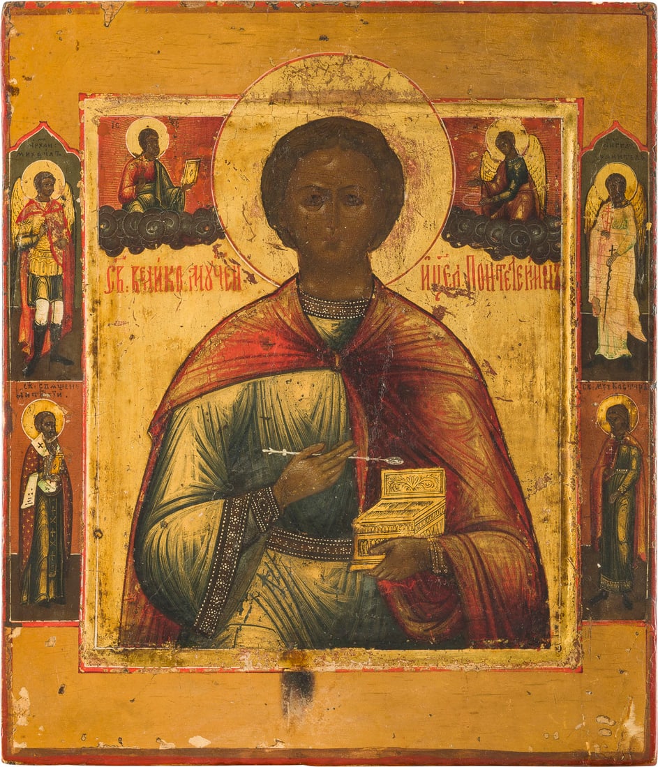 KLEINE IKONE MIT DEM HEILIGEN PANTELEIMON: A SMALL ICON SHOWING ST. PANTELEIMON Russian, 1st half 19th century Tempera on wood panel with kovcheg. Finely executed on gold ground. Four selected saints on the borders, the Guardian Angel and the 